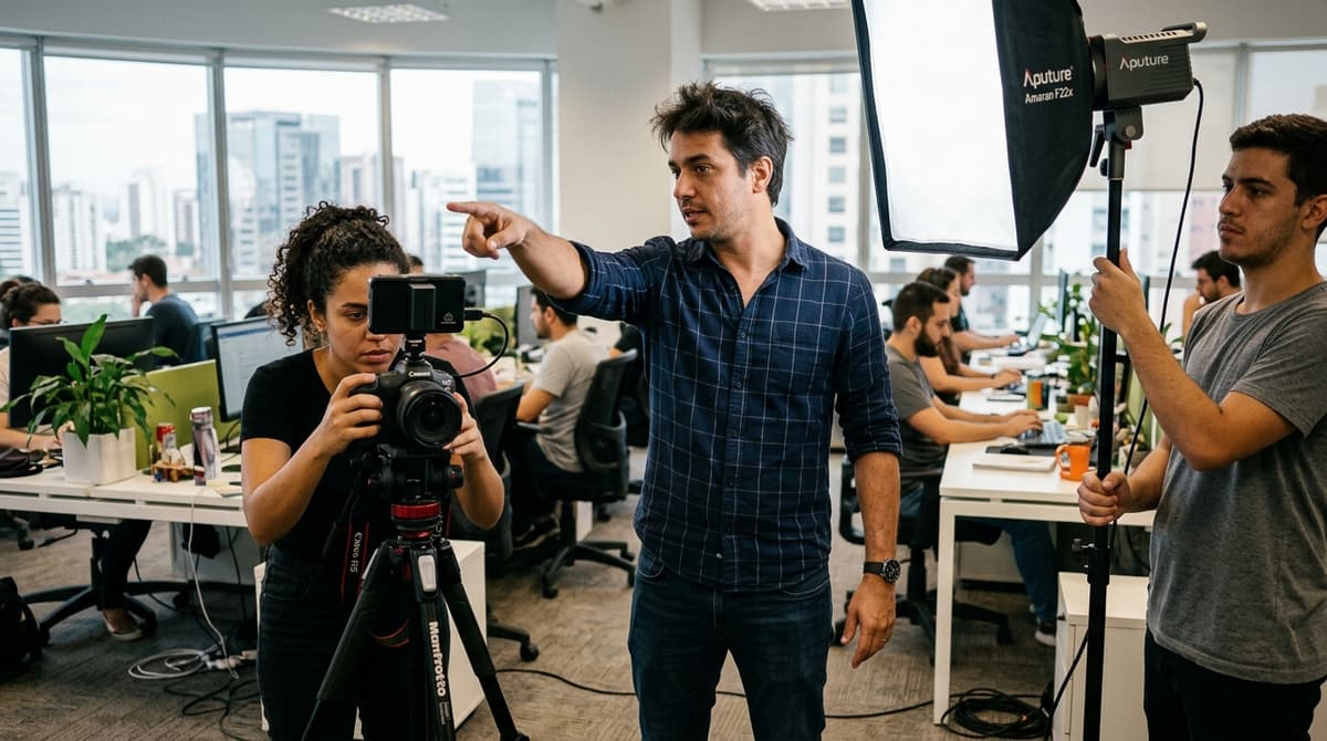 Diretor de producao orientando a equipe durante a gravacao de um video corporativo