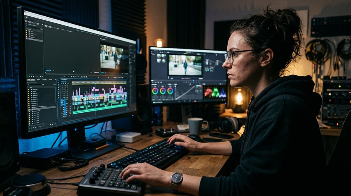 Profissional editando video em computador com timeline e formas de onda de audio na tela