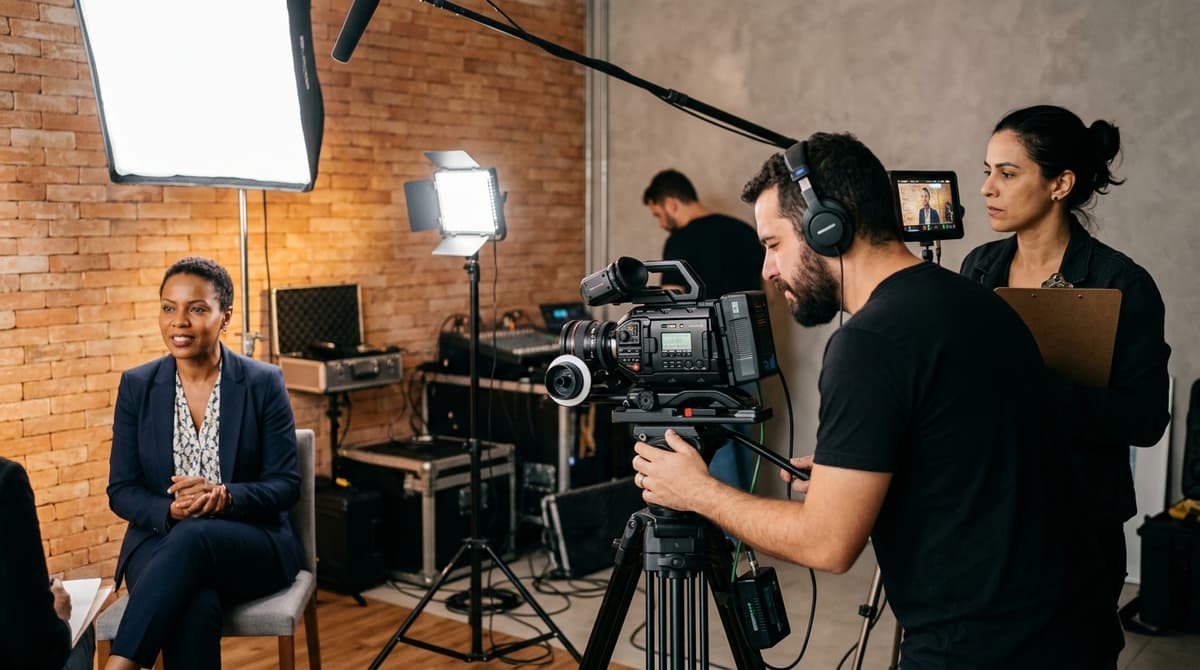 Equipe de producao de video gravando um cliente em estudio profissional no Brasil