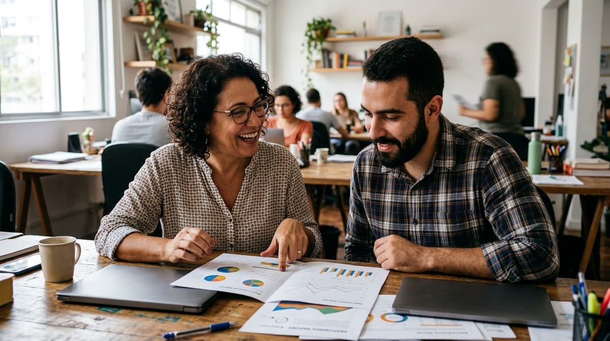 Dono de pequena empresa analisando relatório de desempenho de redes sociais com a equipe da agência