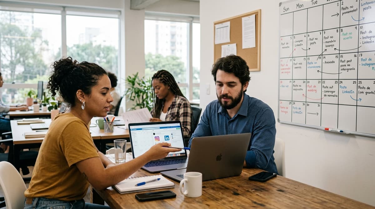 Equipe de social media planejando conteúdo de redes sociais em uma agência brasileira