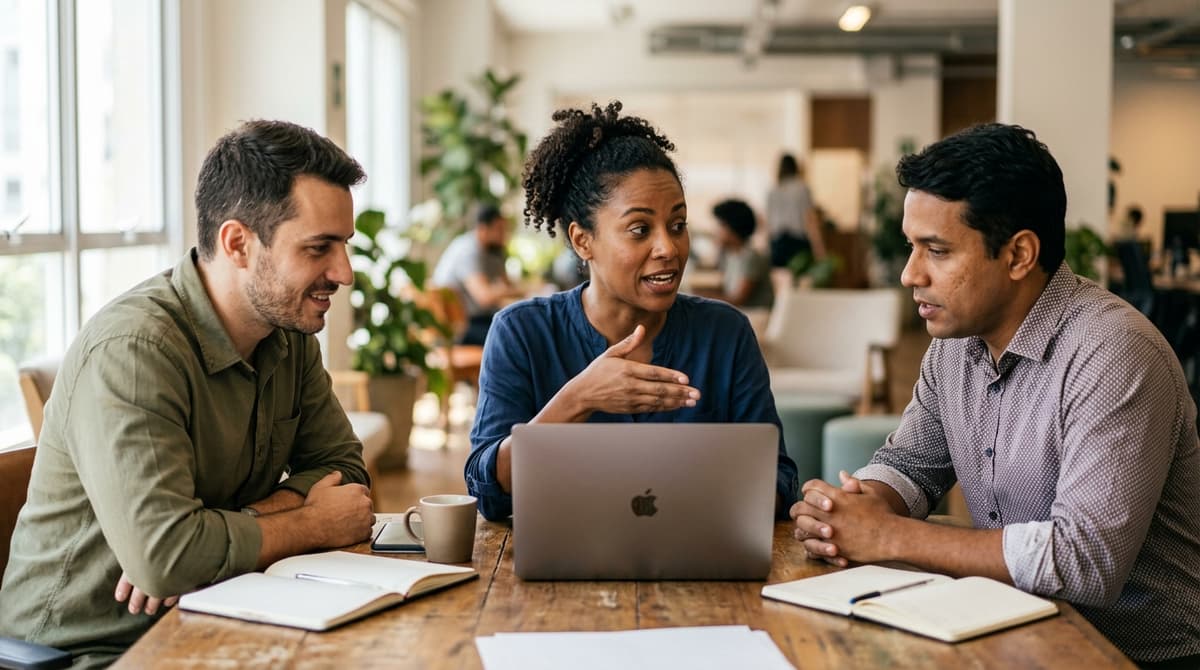 Equipe de marketing brasileira discutindo estratégia de leilão e qualidade de anúncios em reunião
