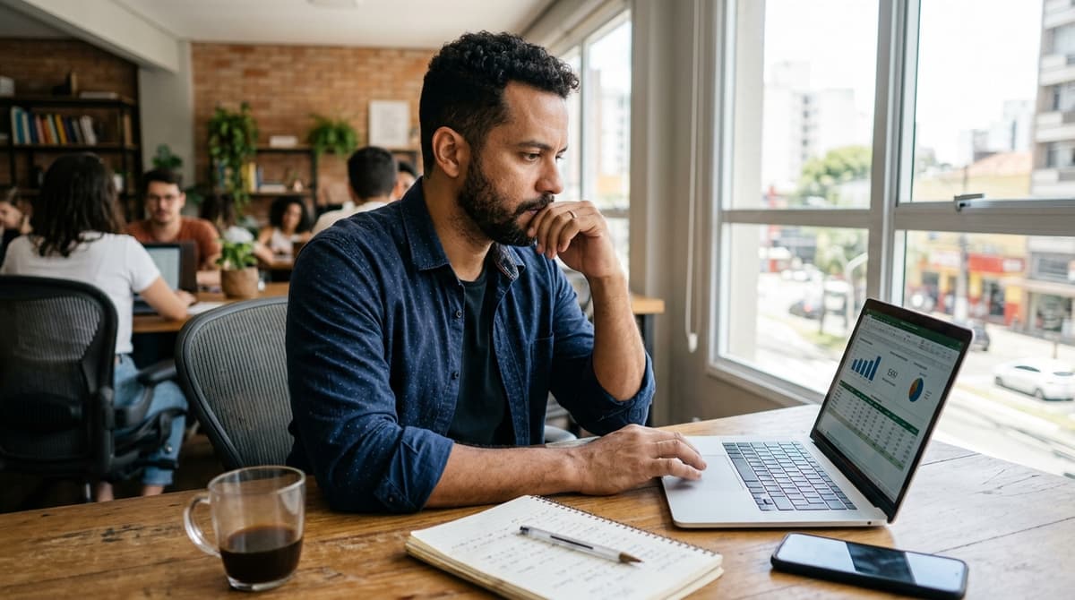 Dono de pequena empresa analisando custos de campanha de Google Ads no notebook em um escritório no Brasil